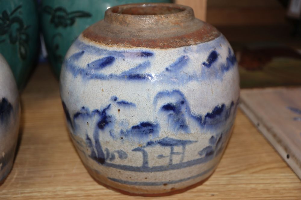 Two Chinese Provincial-style bulbous turquoise-glazed incised ginger jars and three other items,